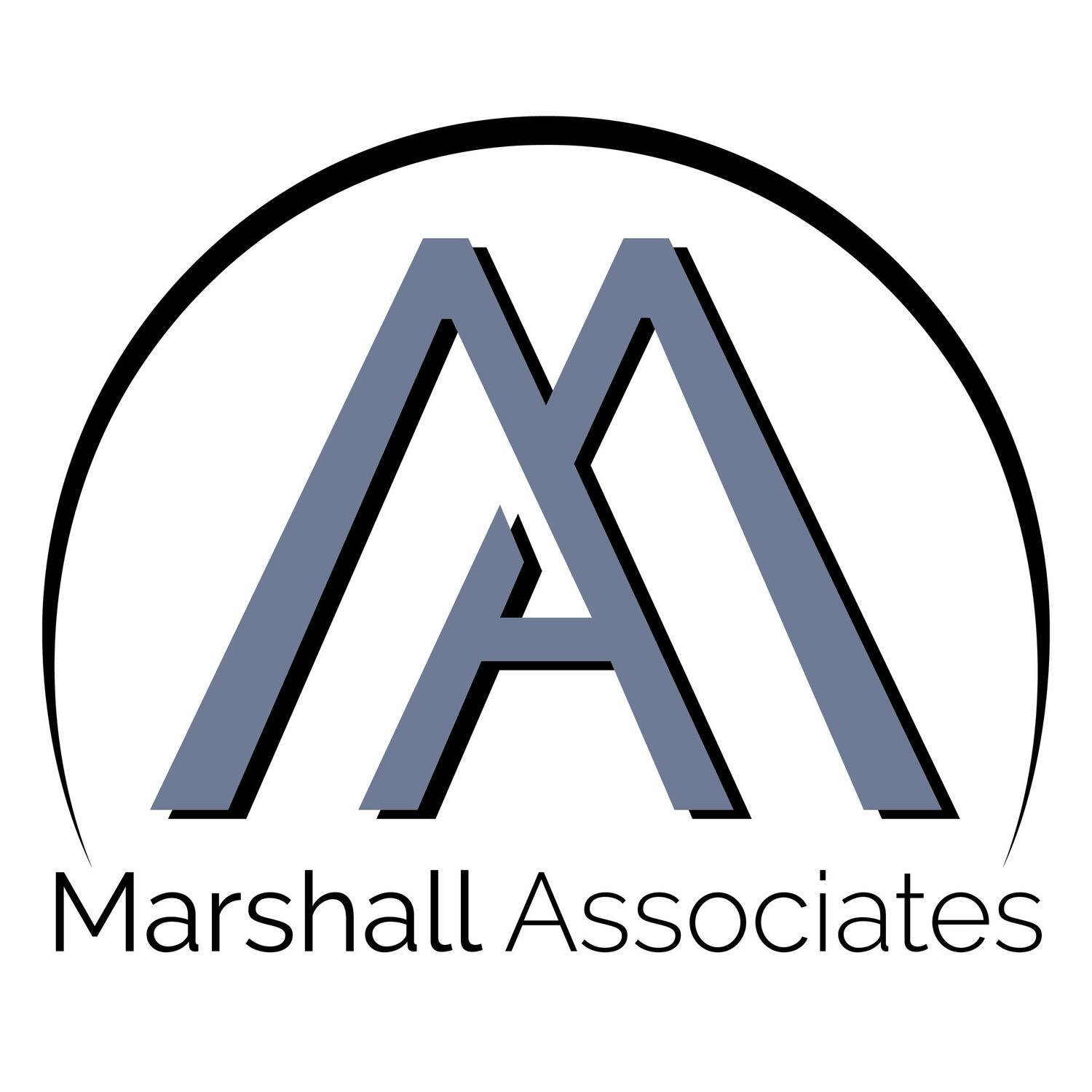 A minimalist logo design featuring interlocking 'MA' letters in blue-gray within a circular border for Marshall Associates.
