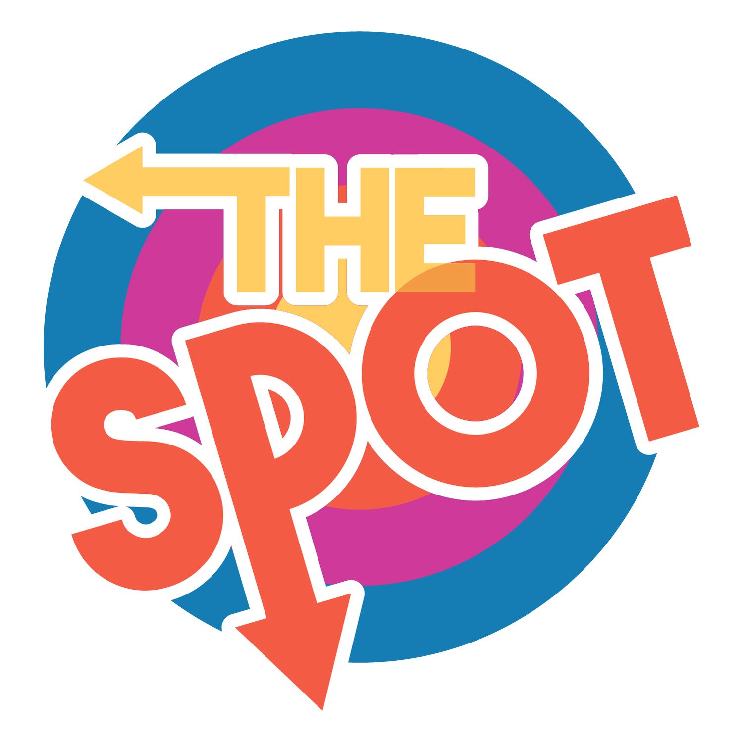 Colorful comic style word art designs in blue, pink, red and orange arranged in a repeating circular pattern.