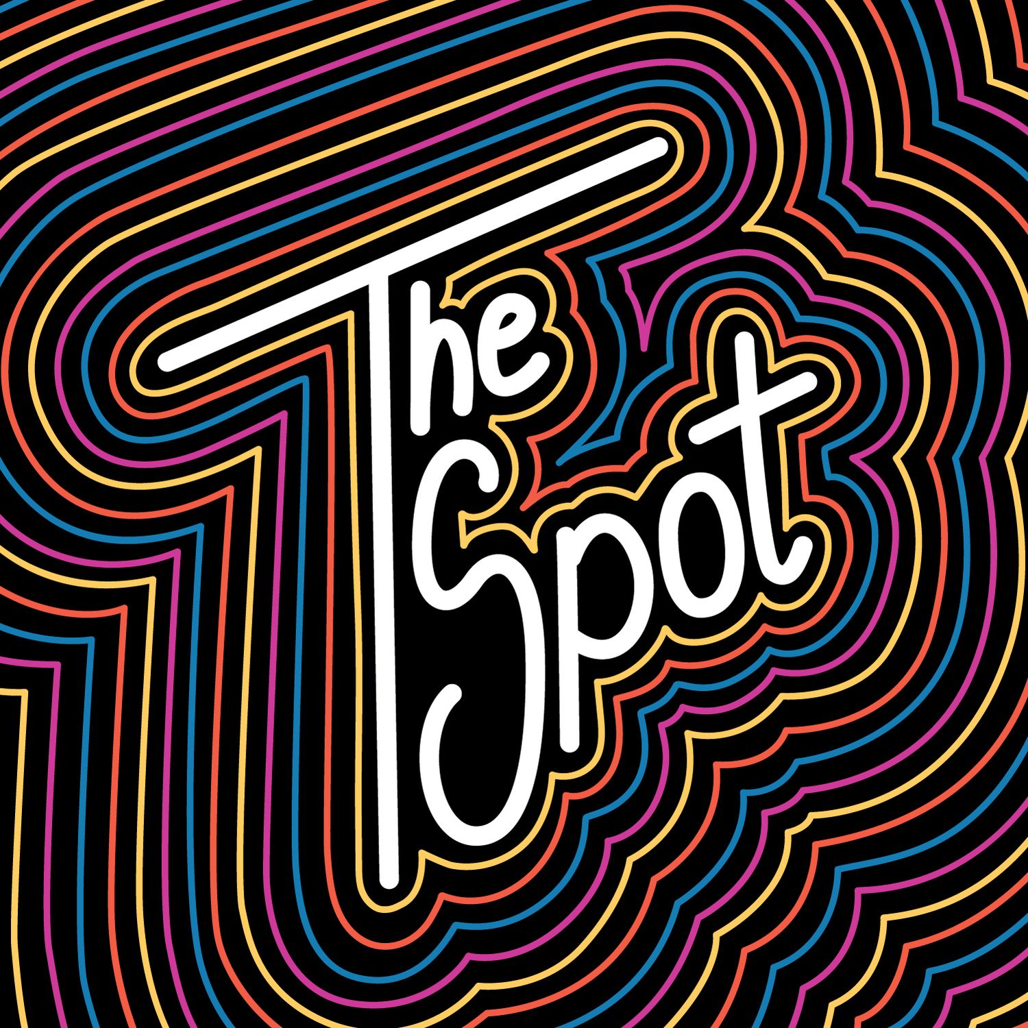 "The Spot" text logo design with psychedelic concentric rainbow lines swirling against a black background.