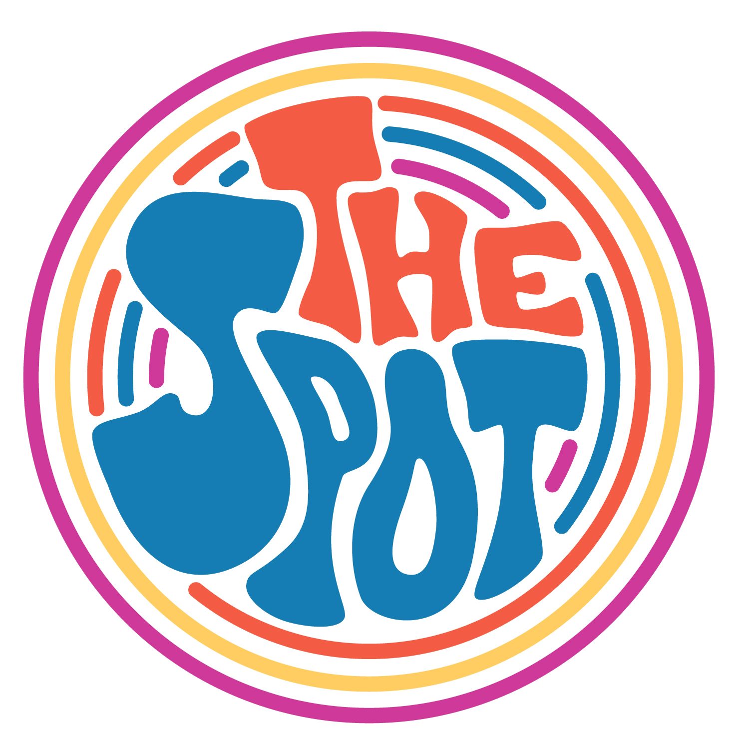 Retro circular logo design for 'The Spot' with colorful concentric rings and groovy blue lettering.