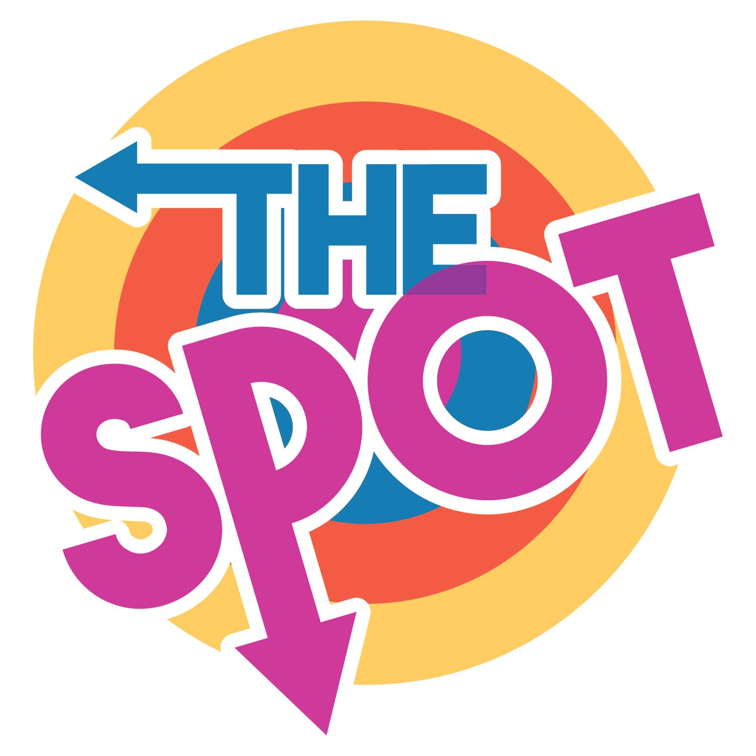 Colorful retro-style logo design for 'The Spot' with blue arrow and pink text against a yellow circular background.