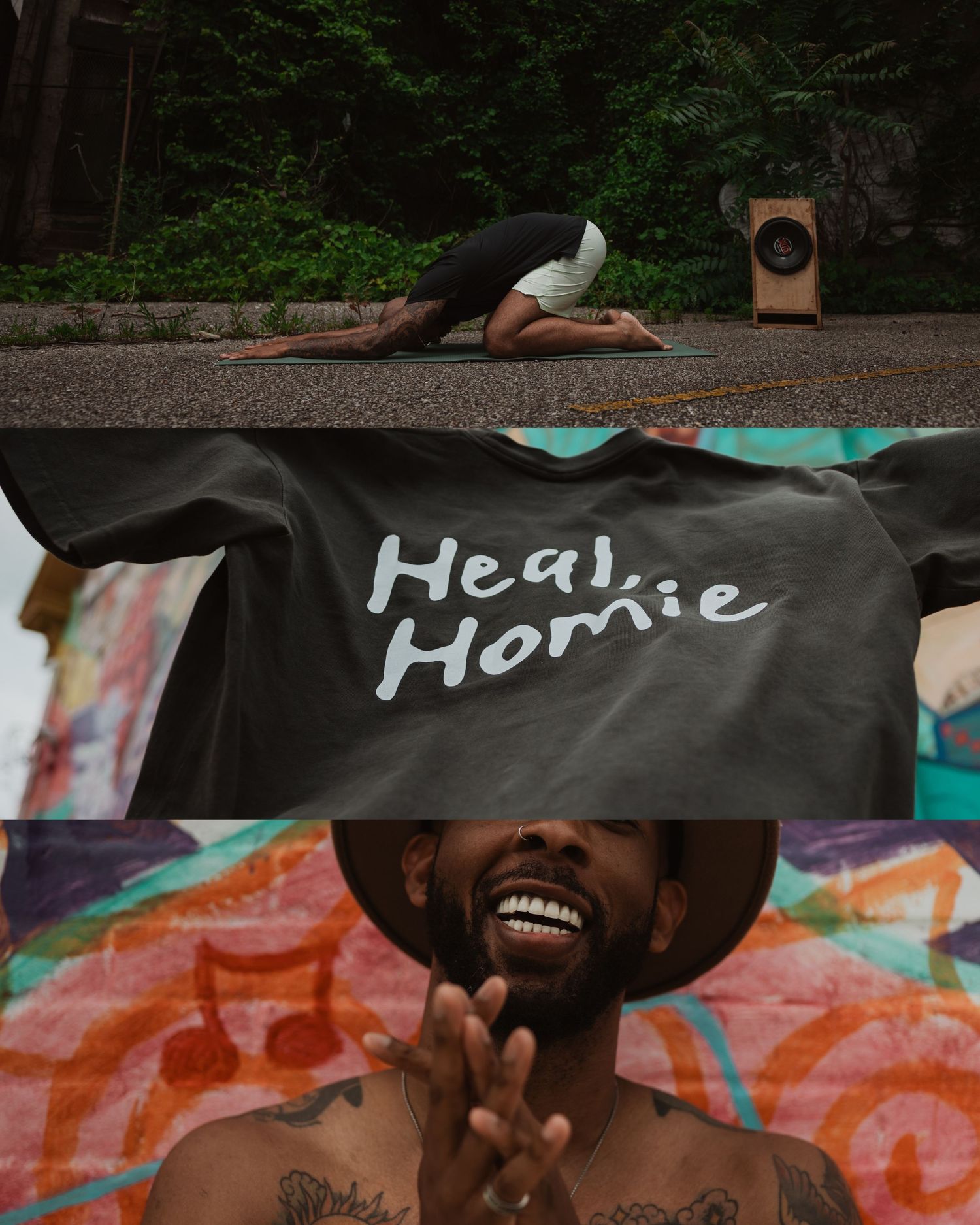 Two contrasting shots showing person practicing yoga on concrete and a bright smile against colorful graffiti background.