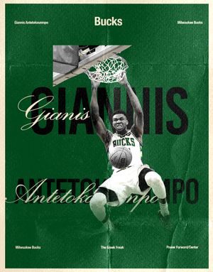 Green sports banner design featuring basketball action silhouettes and Milwaukee Bucks branding.