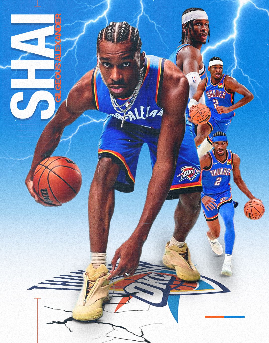 Basketball action sequence with lightning effects showing player in blue uniform making aggressive moves.