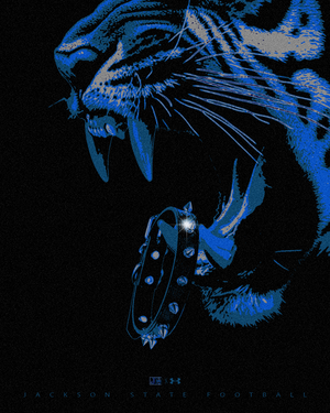 Close-up artistic renderings of a tiger's face in blue tones against a black background.