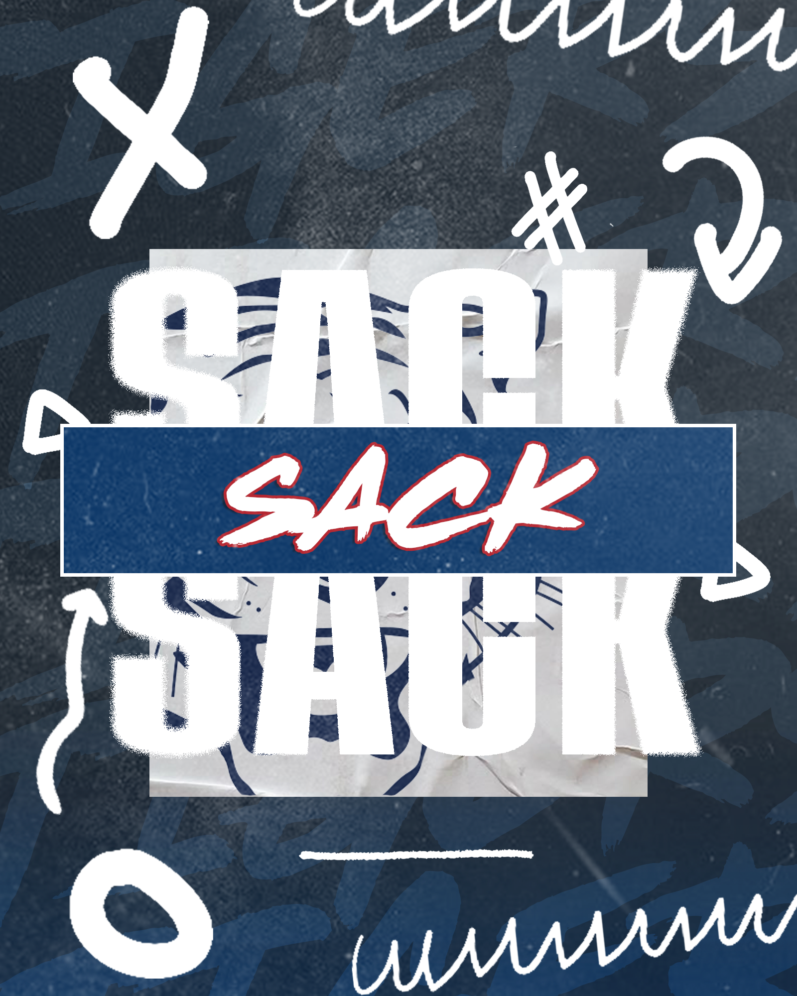 Typography design showing the word 'Sack' in white text on a dark blue background.