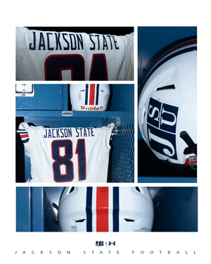 Jackson State football uniforms featuring white jerseys with red and blue stripes and number 91.