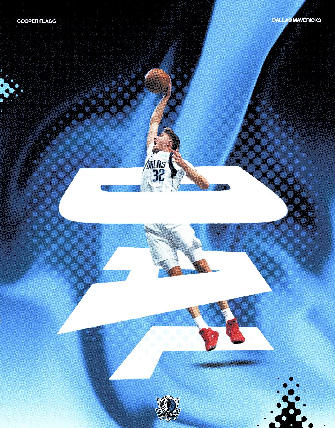 Basketball player soars through the air against a blue gradient background with dynamic white shapes.