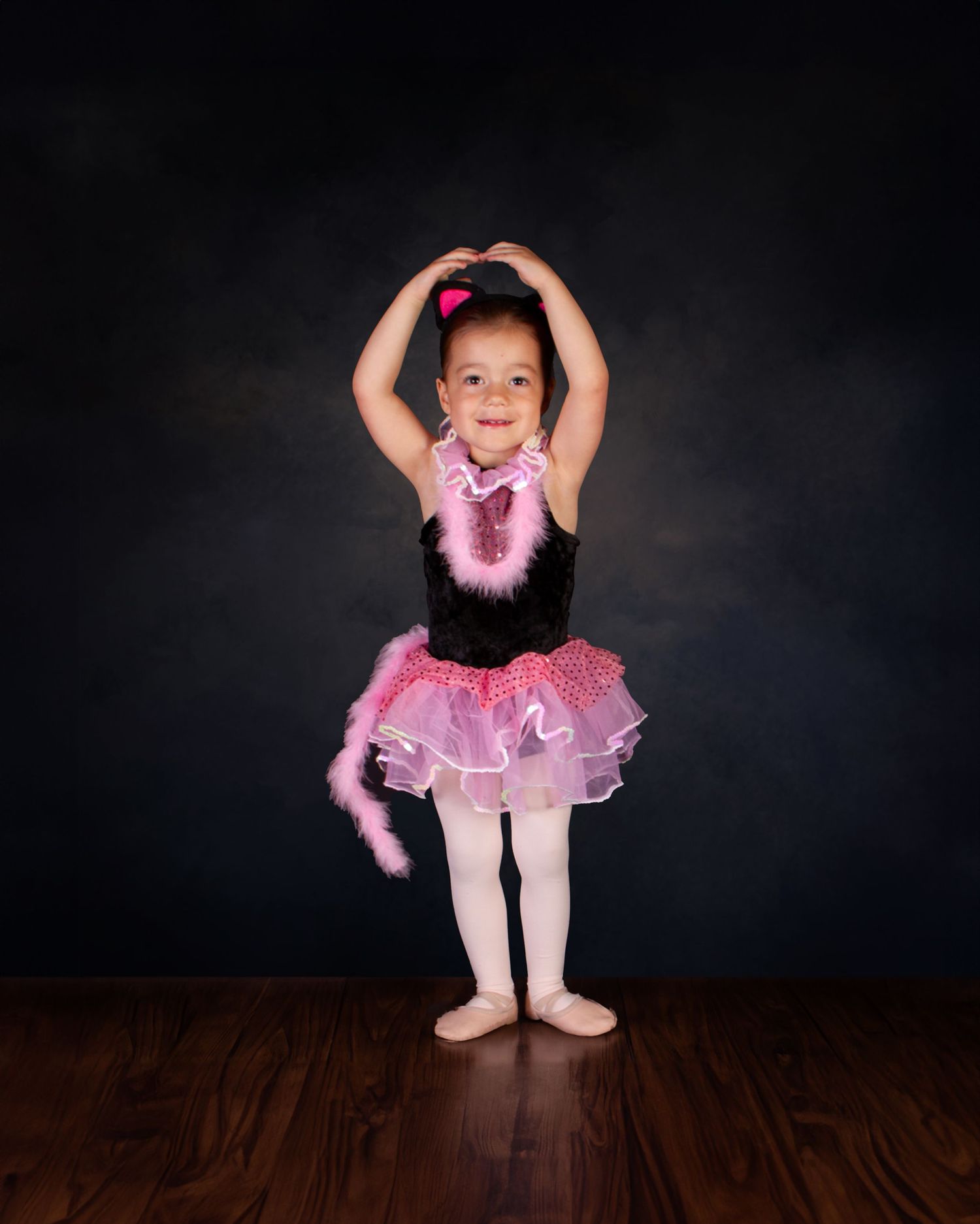 A series of dance photos showing a small performer in a pink tutu and ballet slippers against a dark backdrop.