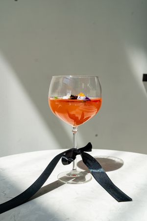 Orange cocktail in a coupe glass with black ribbon decoration against white background.