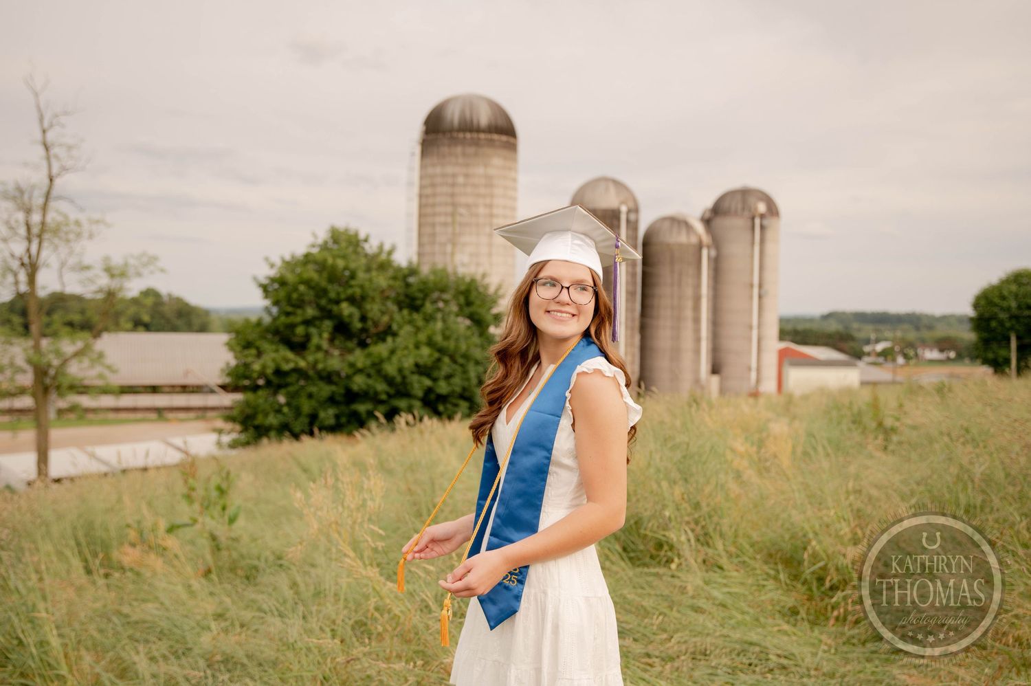 A golden summer field stretches before an old grain silo and barn surrounded by farmland and trees.