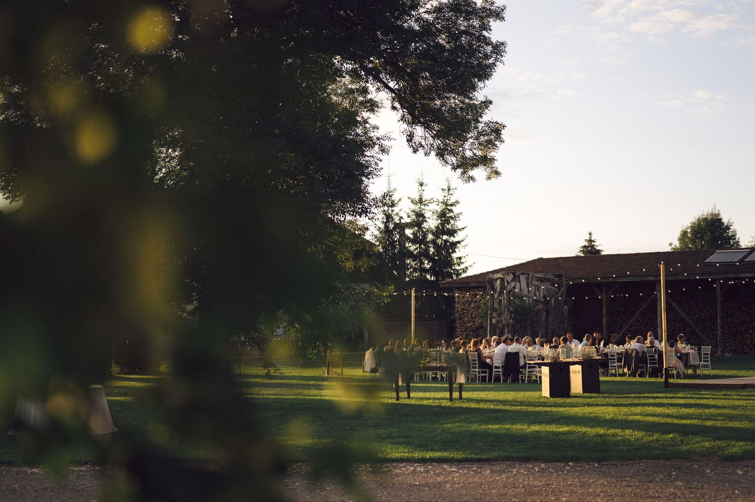 Golden sunlight streams through trees onto rustic barns and farm buildings at sunset in a pastoral landscape.