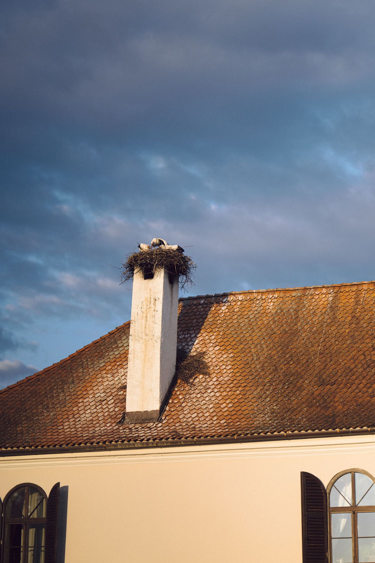 A stork nest rests atop a white chimney on a building with terracotta roof tiles against a dramatic cloudy sky.