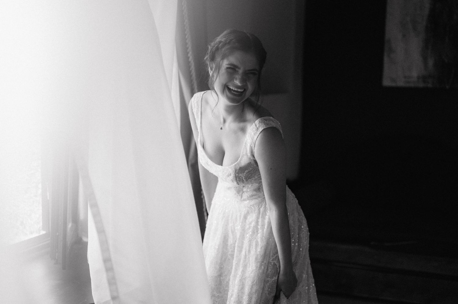 A set of black and white wedding photos showing the bride in various elegant poses with soft lighting and bridal gowns.