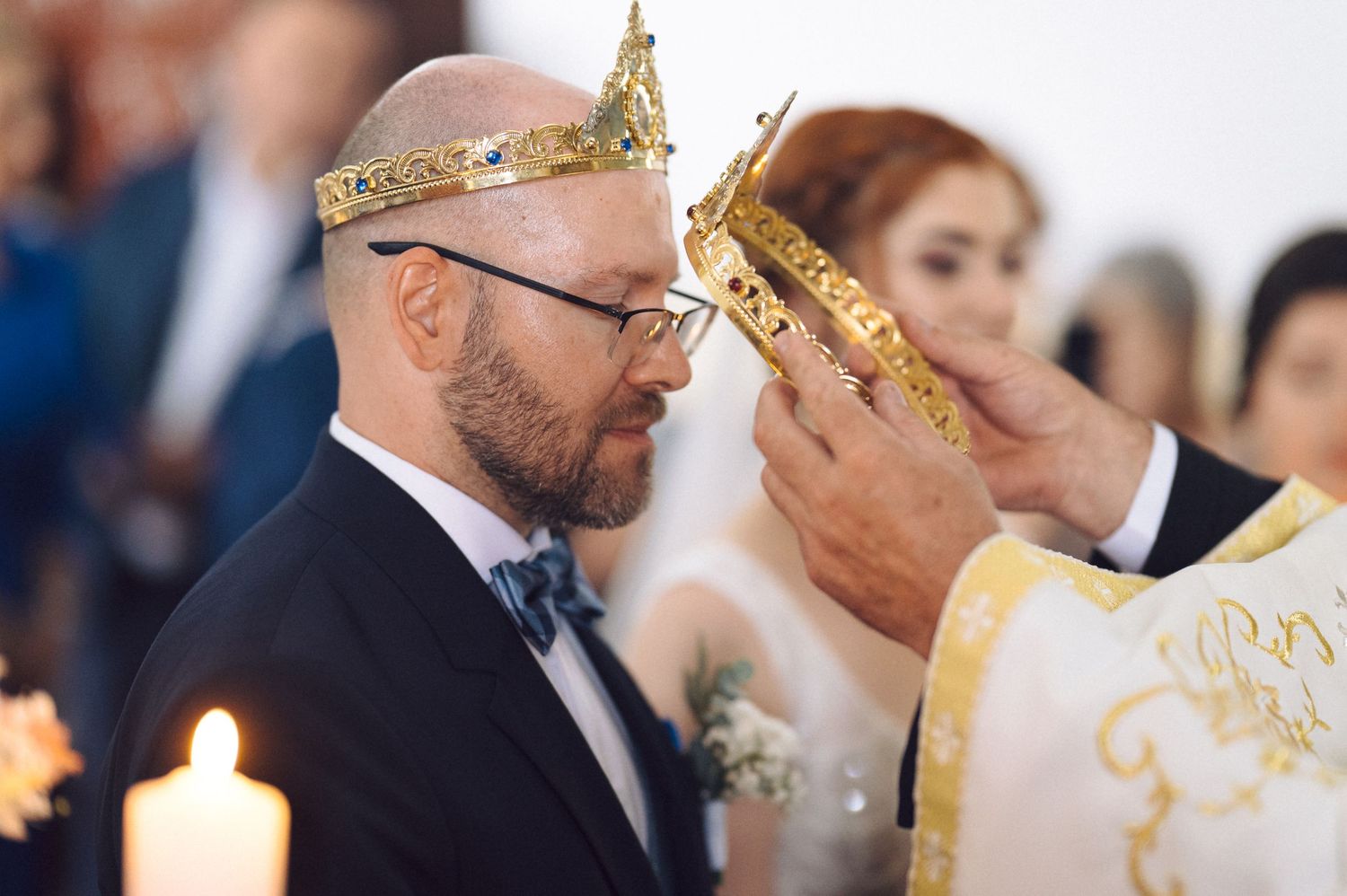 A collection of six overlapping photos showing different moments during a traditional church wedding ceremony.