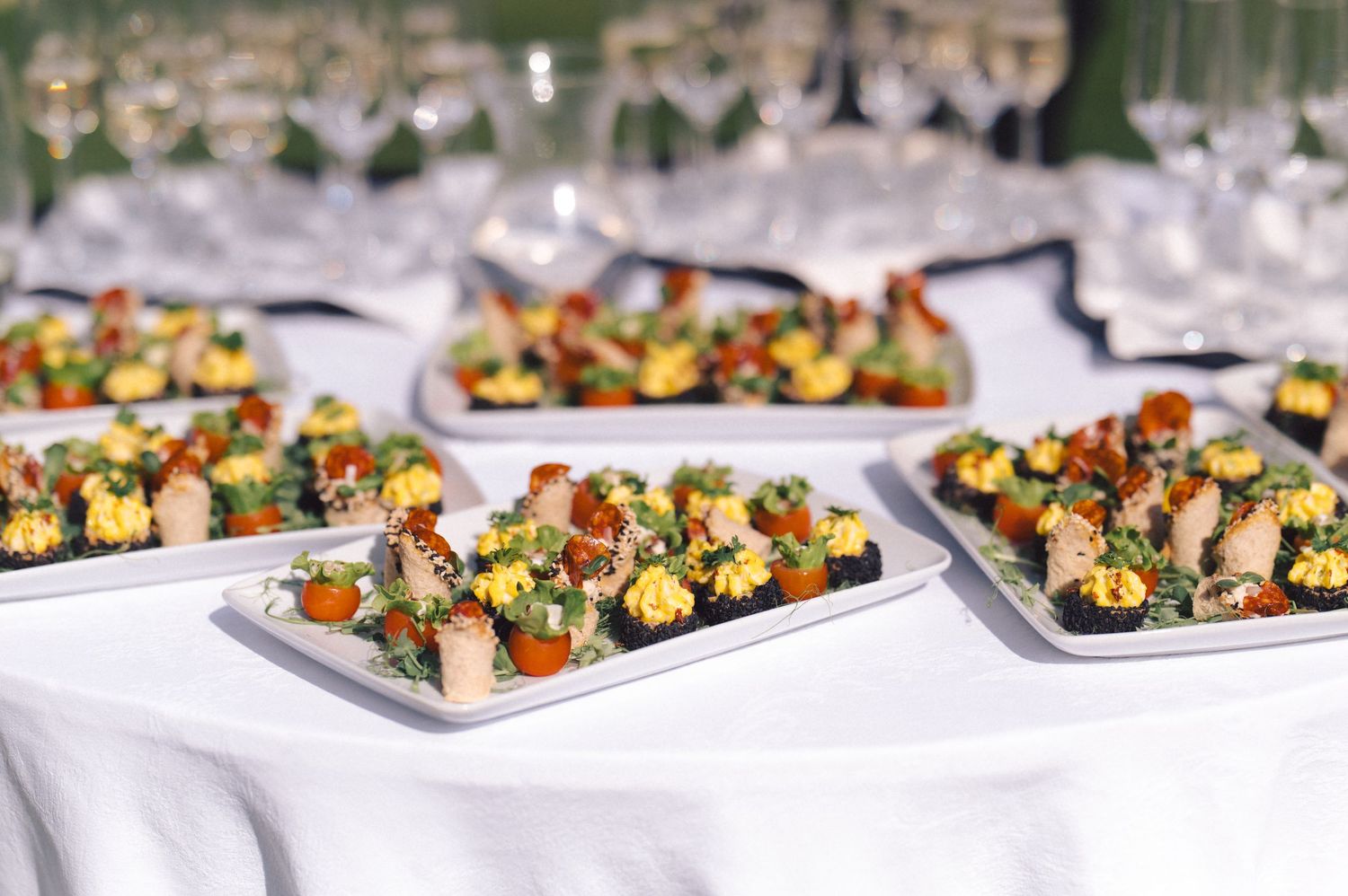 Rows of elegantly plated appetizers served on white rectangular dishes at a catered event, featuring colorful garnishes and toppings.