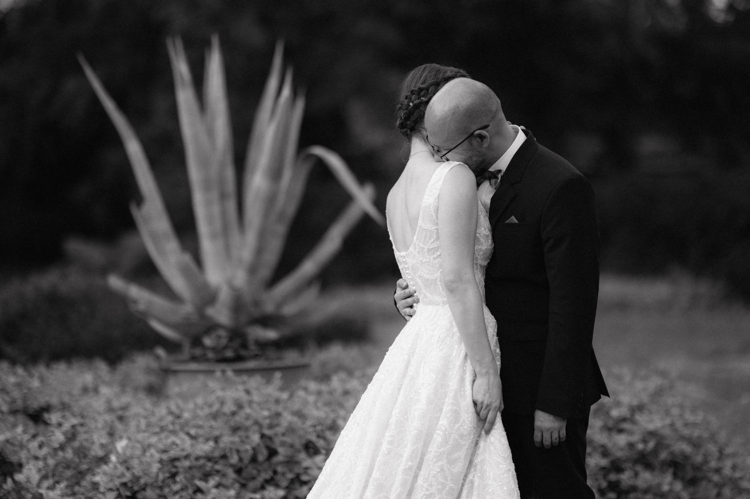 A couple embraces in black and white photography with a large agave plant visible in the background.