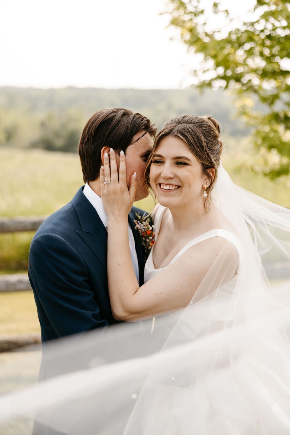 A romantic wedding photo sequence showing intimate moments between newlyweds with a flowing white veil in soft sunlight.