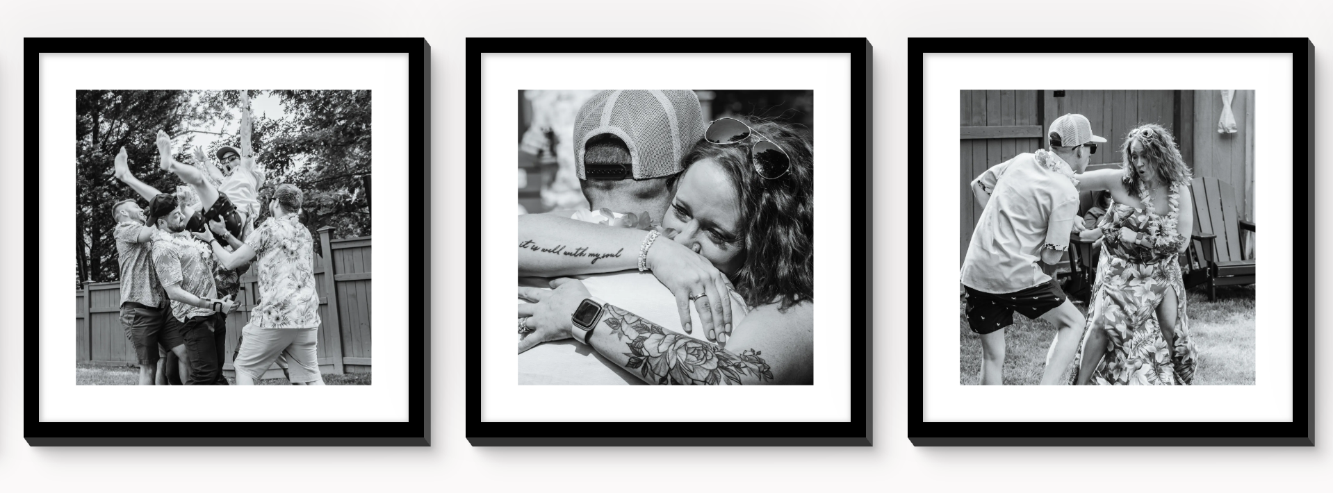 Framed B/W images from a backyard luau celebration, including a group of friends lifting someone in the air, a heartfelt hug & dancing
