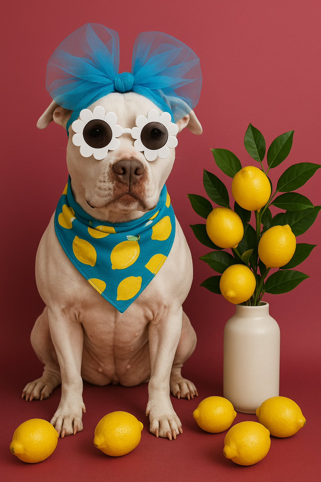 Pit bull wearing blue bow, floral sunglasses and lemon print bandana posing with citrus still life.