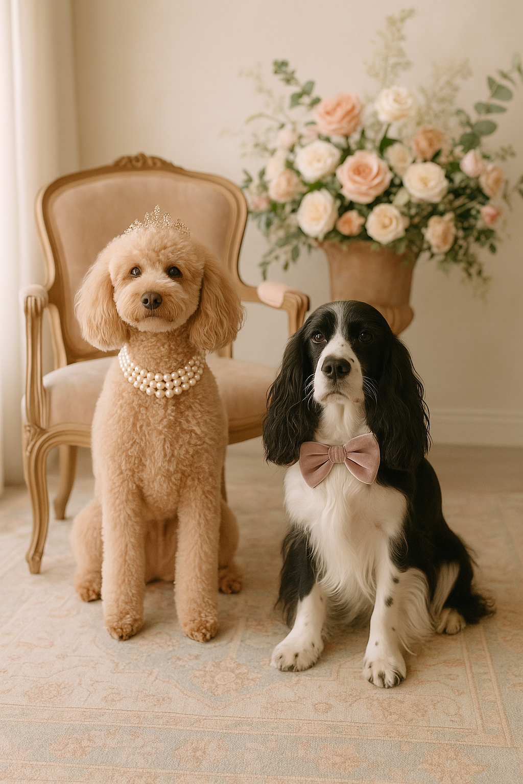 Two dogs, one golden doodle and one spaniel, posed formally with pearl necklace and bow tie.