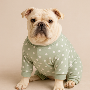 English bulldog wearing mint green polka dot pajamas in professional studio portrait.