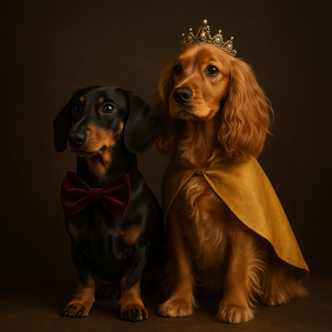Two dachshunds pose in formal attire with one wearing a bowtie and another in a gold cape and crown against dark background.