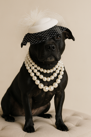 Black dog wearing vintage-inspired white hat with veil and layered pearl necklaces.