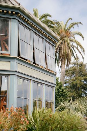Coastal building with large windows and palm trees against blue sky.