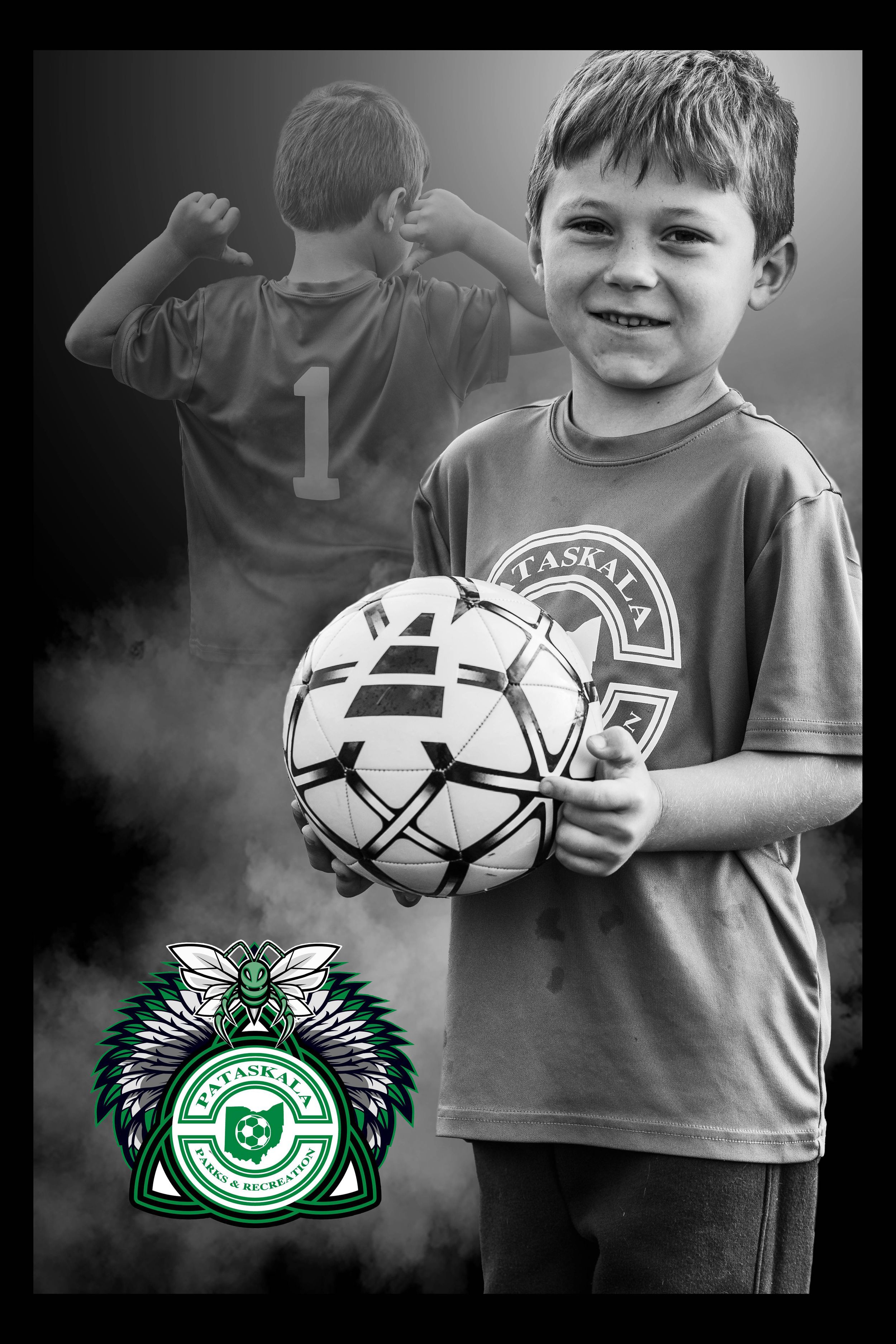 Youth soccer player in jersey number 1 poses with soccer ball in black and white photo.