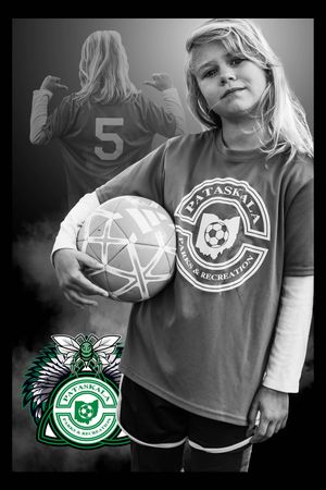 Soccer player wearing number 5 jersey holds geometric patterned ball in monochrome photo.