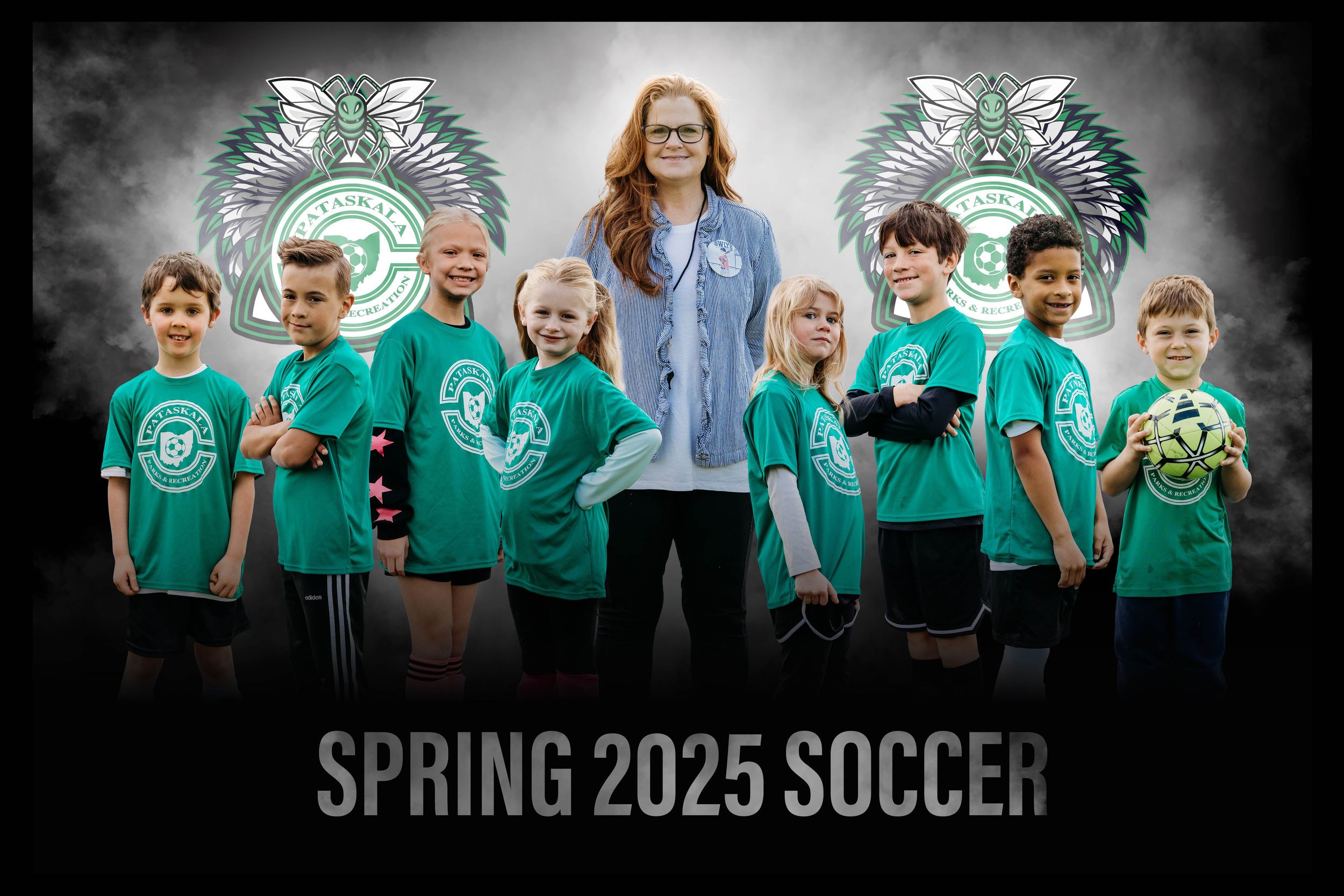 Youth soccer team members wearing matching green jerseys pose together for spring 2025 season photo.