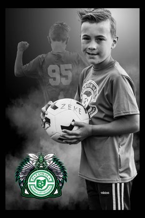 Black and white youth soccer photo with player holding ball and green team crest overlay at bottom.