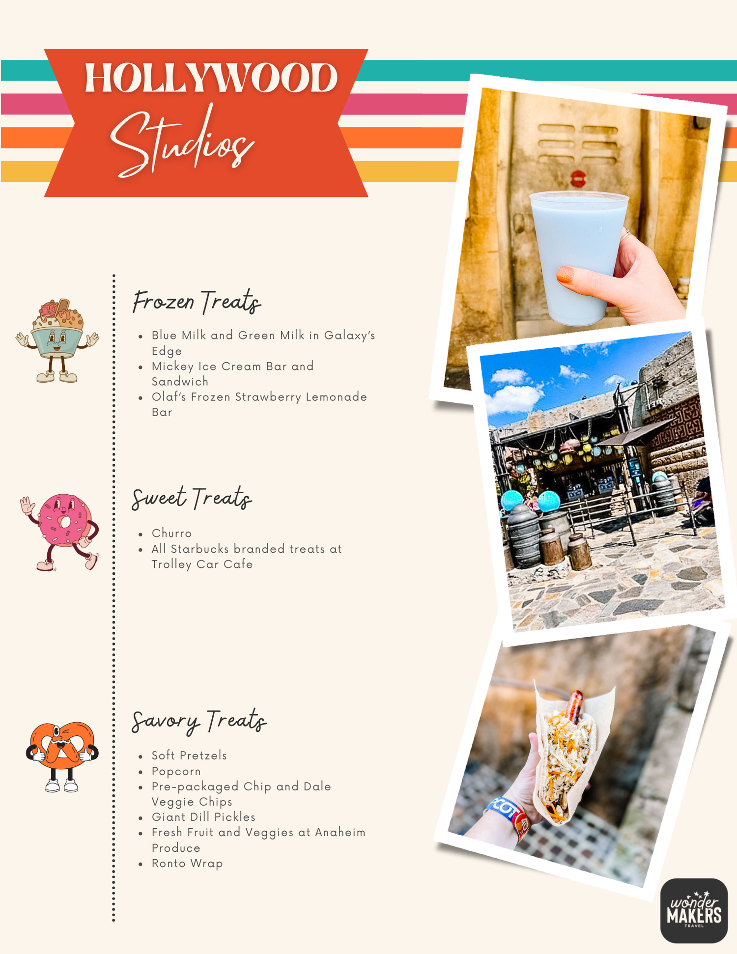 Hollywood Studios snack guide showing treats and locations with food photography.
