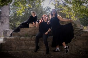 People in black clothing pose together on an old stone wall in a creative photo sequence.