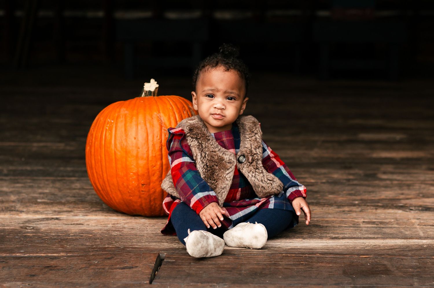 Young child in plaid shirt and fur vest sits on wooden floor next to large orange pumpkin during autumn season. youngstown ohio