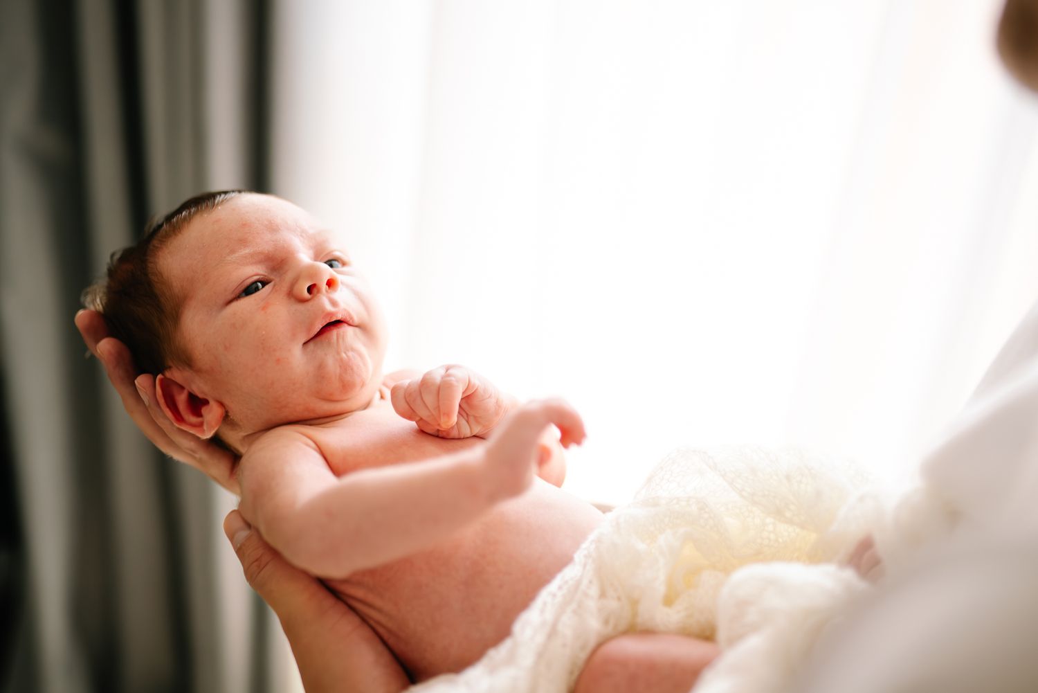Newborn baby lies peacefully against soft window light taken by Melbourne newborn photographer.