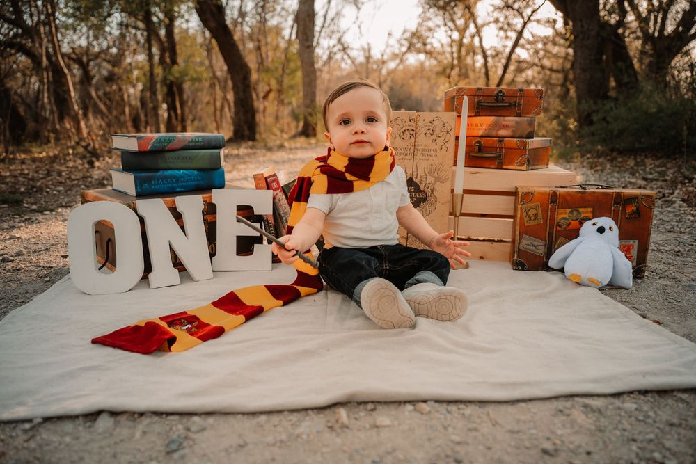 styled Harry Potter cake smash session in DFW with hedwig and gryffindor scarf