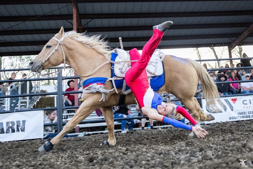 Dynamic sequence of rodeo trick riding performance with horse and rider. Pro Rodeo PRCA Rodeo Photographer Dakota Cardenas