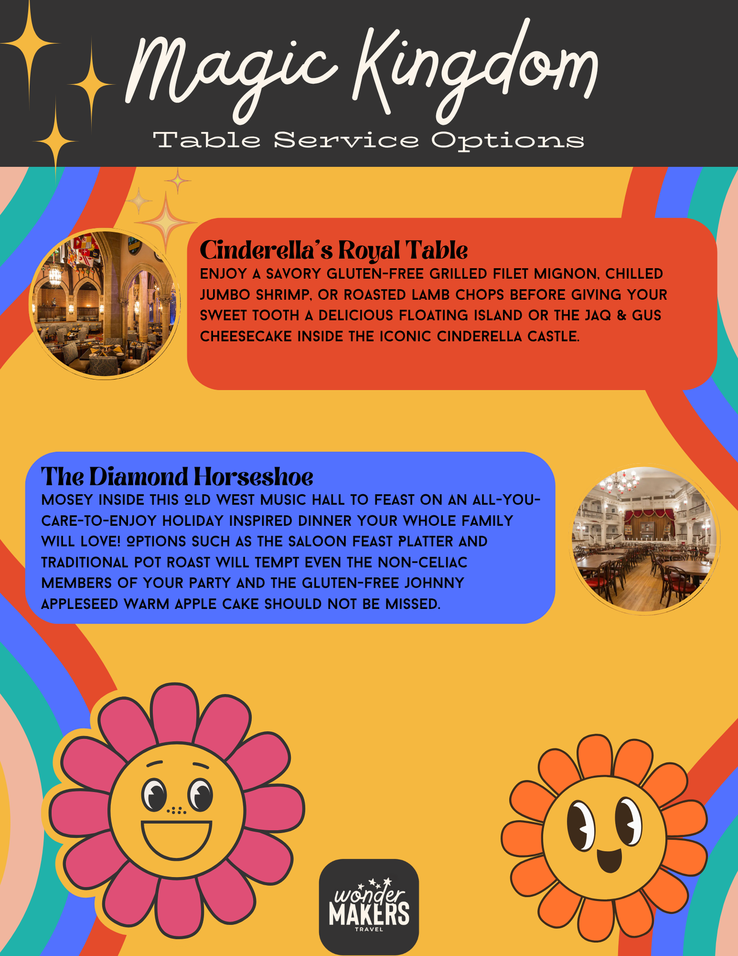 Menu page displaying Cinderella's Royal Table and Diamond Horseshoe dining options with floral decorations.