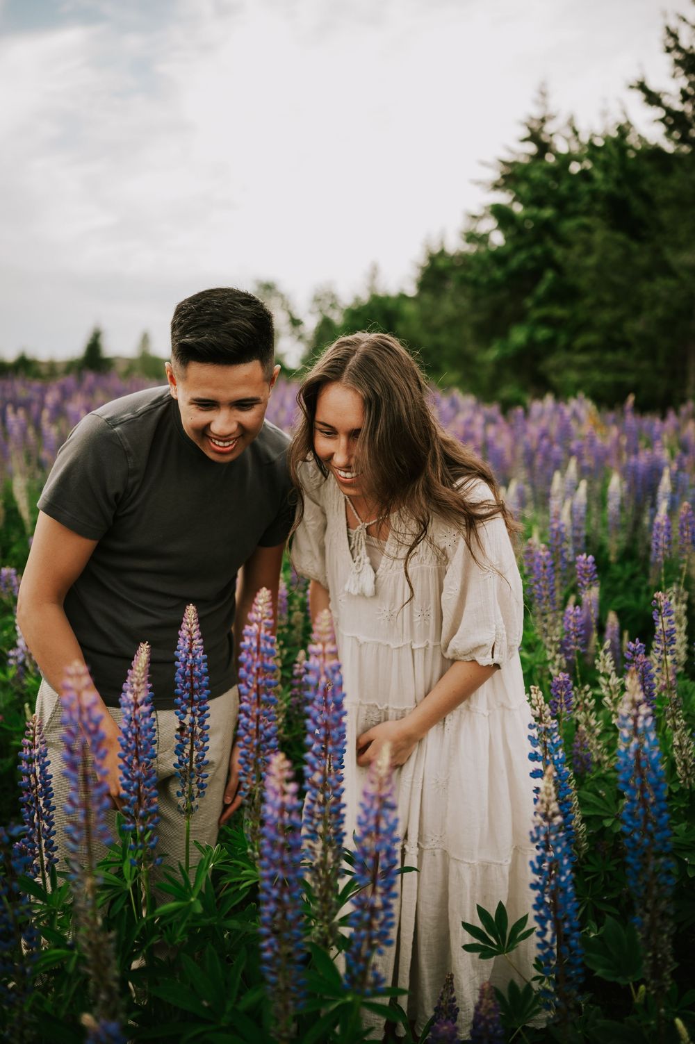 Fun and romantic portrait of couple looking at flowers and laughing in lupine wildflower field Vancouver Island adventure Photographer