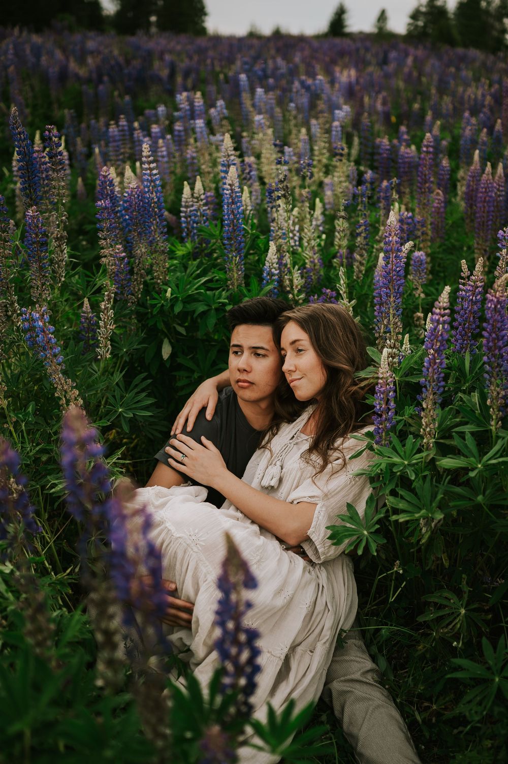 Fun and romantic photoshoot of couple sitting together in lupine wildflower field Vancouver Island adventure Photographer