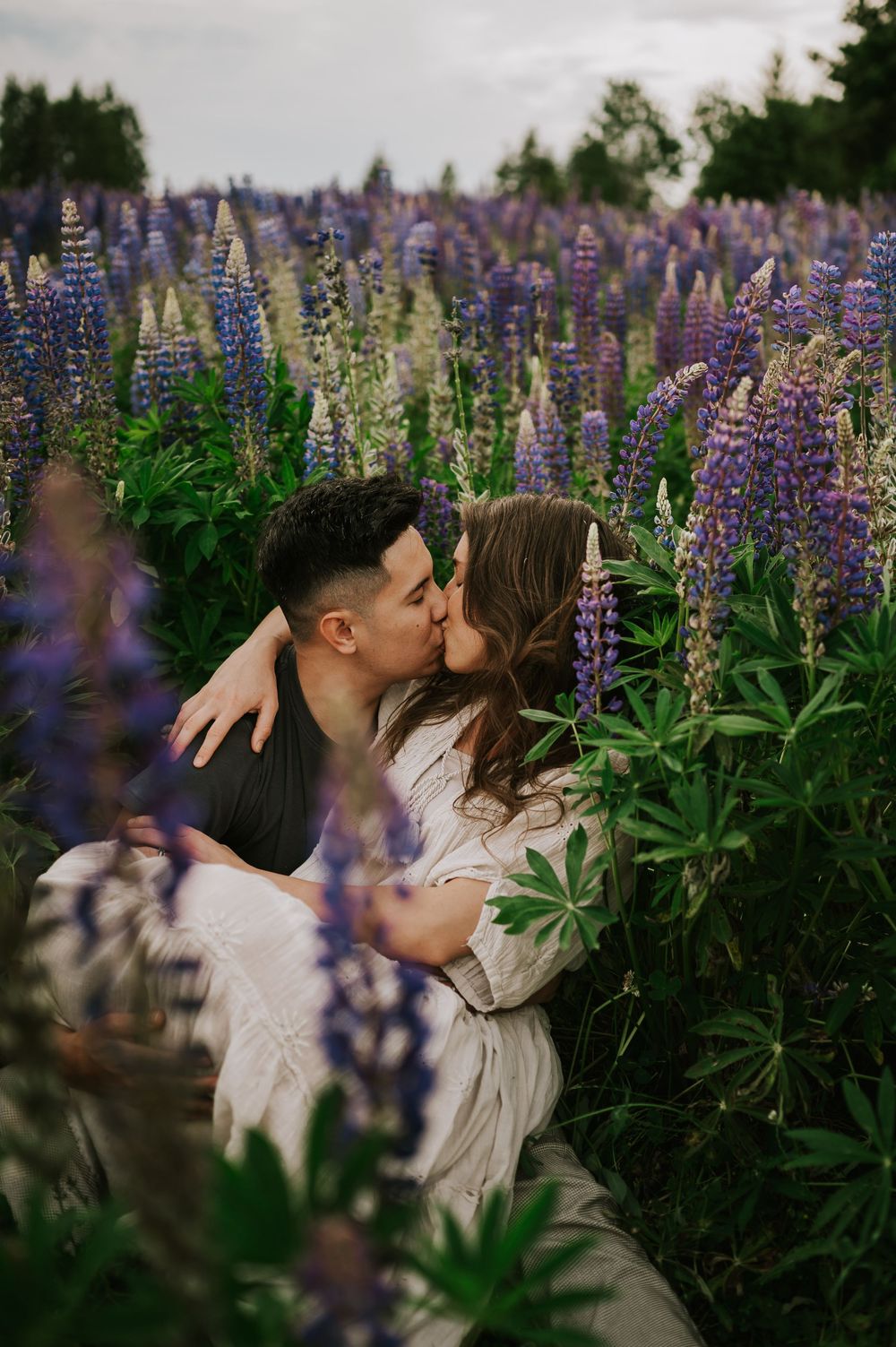 Fun and romantic photoshoot of couple sitting and kissing in lupine wildflower field Vancouver Island adventure Photographer