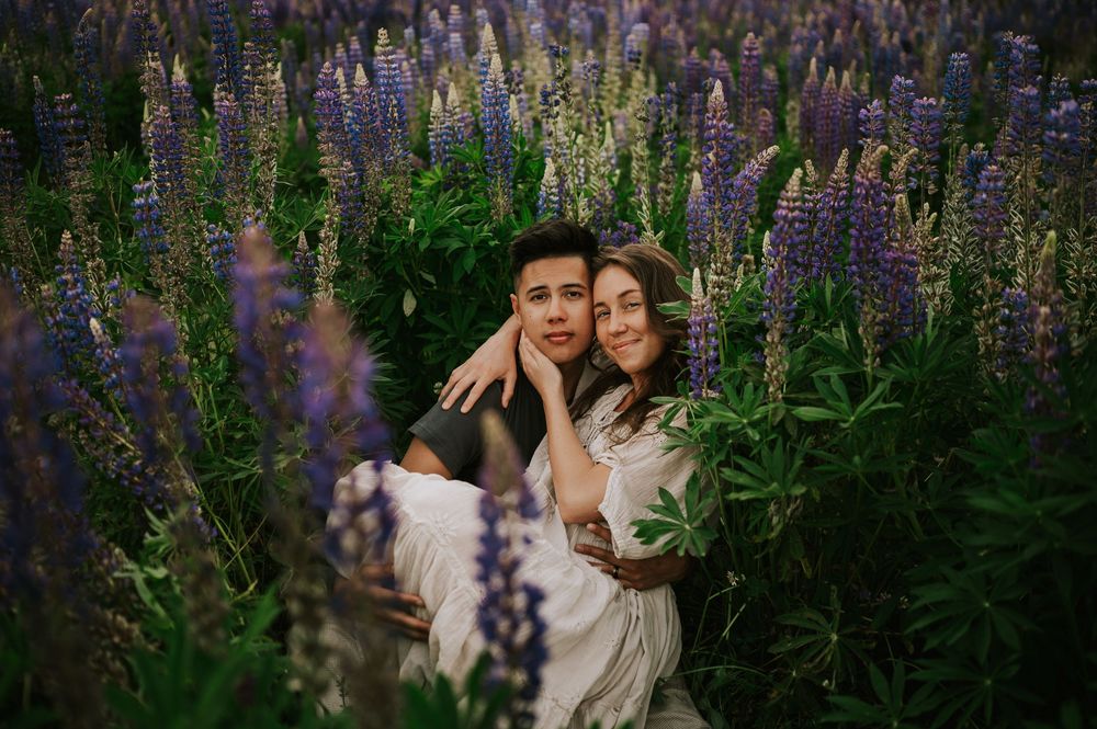 Fun and romantic photoshoot of couple sitting and smiling in lupine wildflower field Vancouver Island adventure Photographer
