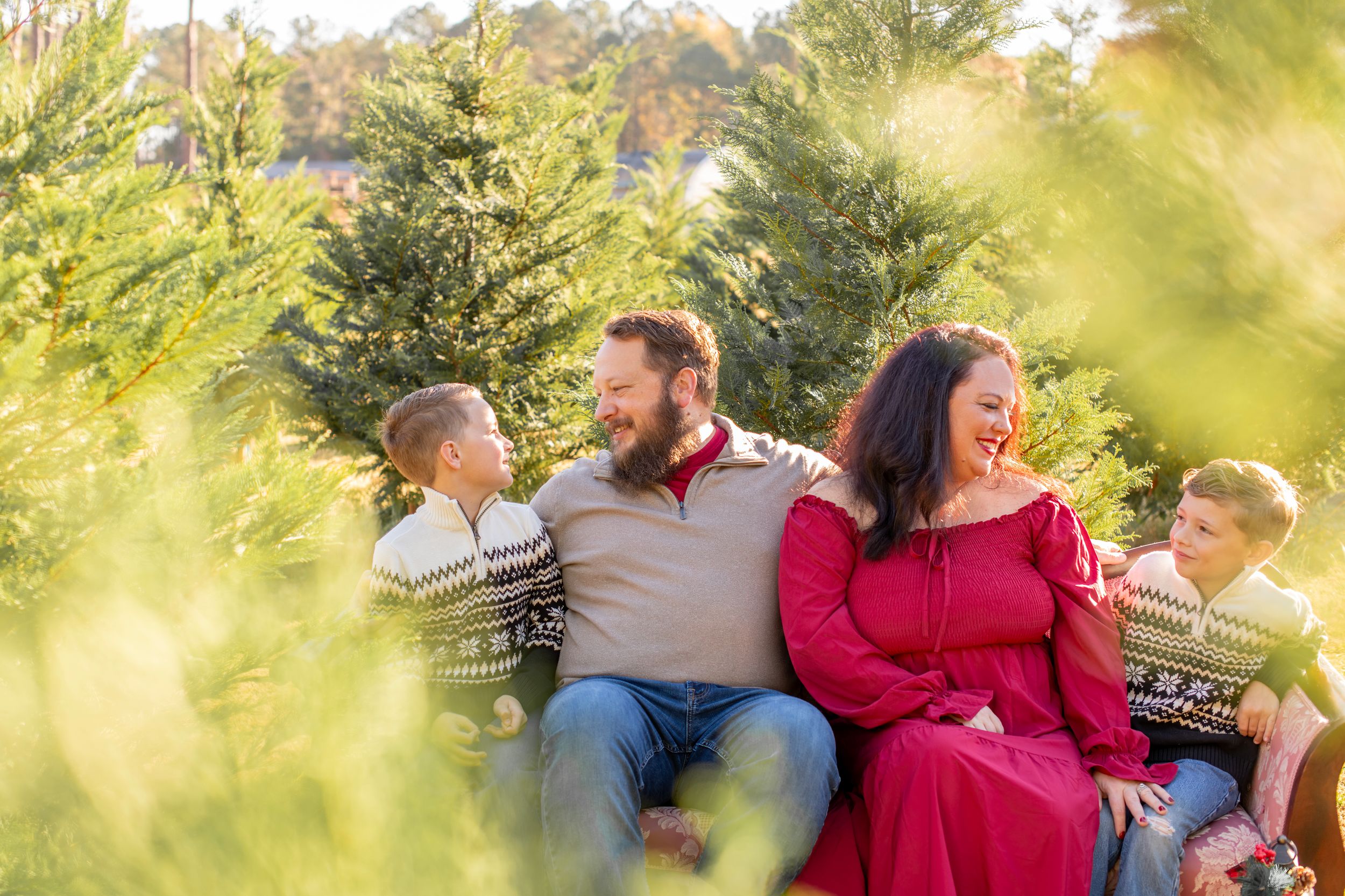 Family photograph among Christmas trees at Lakewood Tree Farm in Chapin, SC.