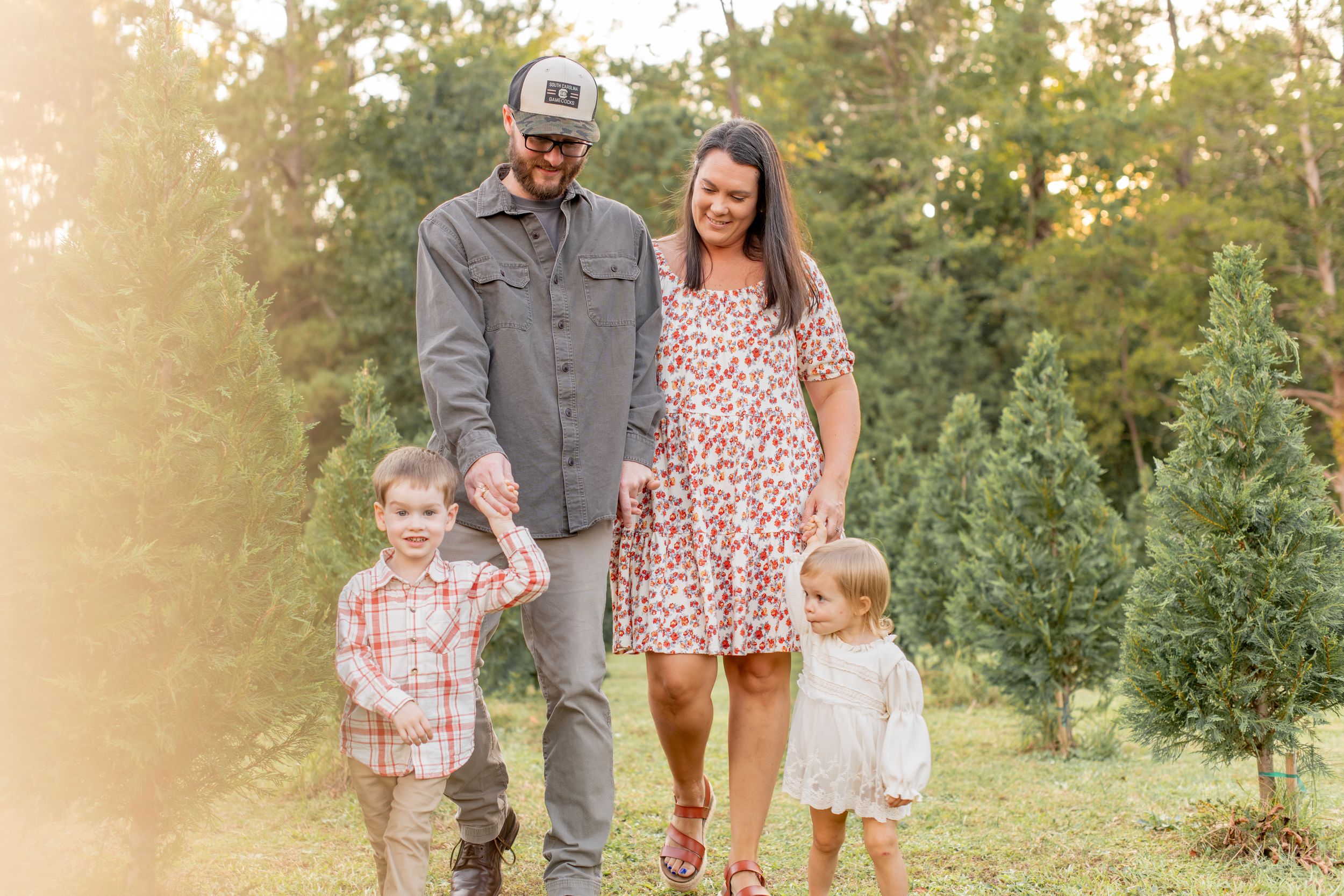 Family walking during golden hour among Christmas trees at Lakewood Tree Farm in Chapin, SC