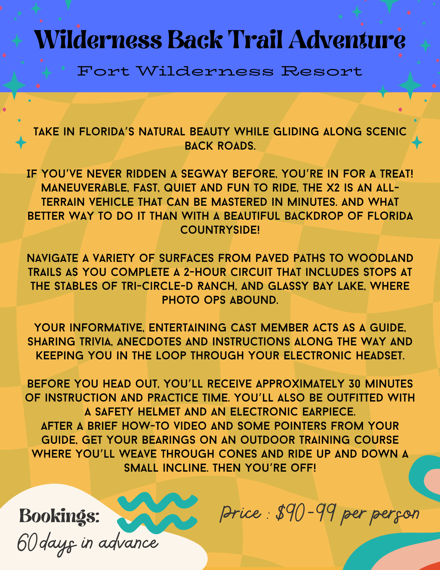 Blue themed advertisement for Wilderness Back Trail Segway tours with pricing and reservation details.