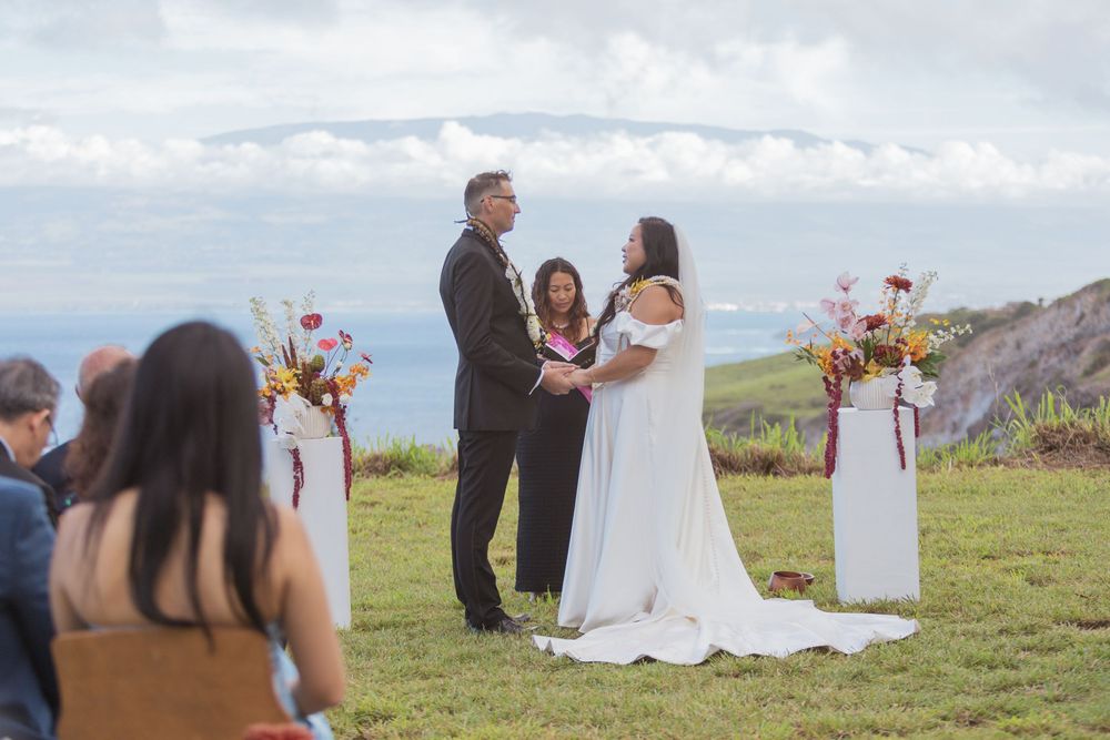 A series of wedding ceremony photographs showing people gathered outdoors with white chairs and floral arrangements on a grassy hill.
