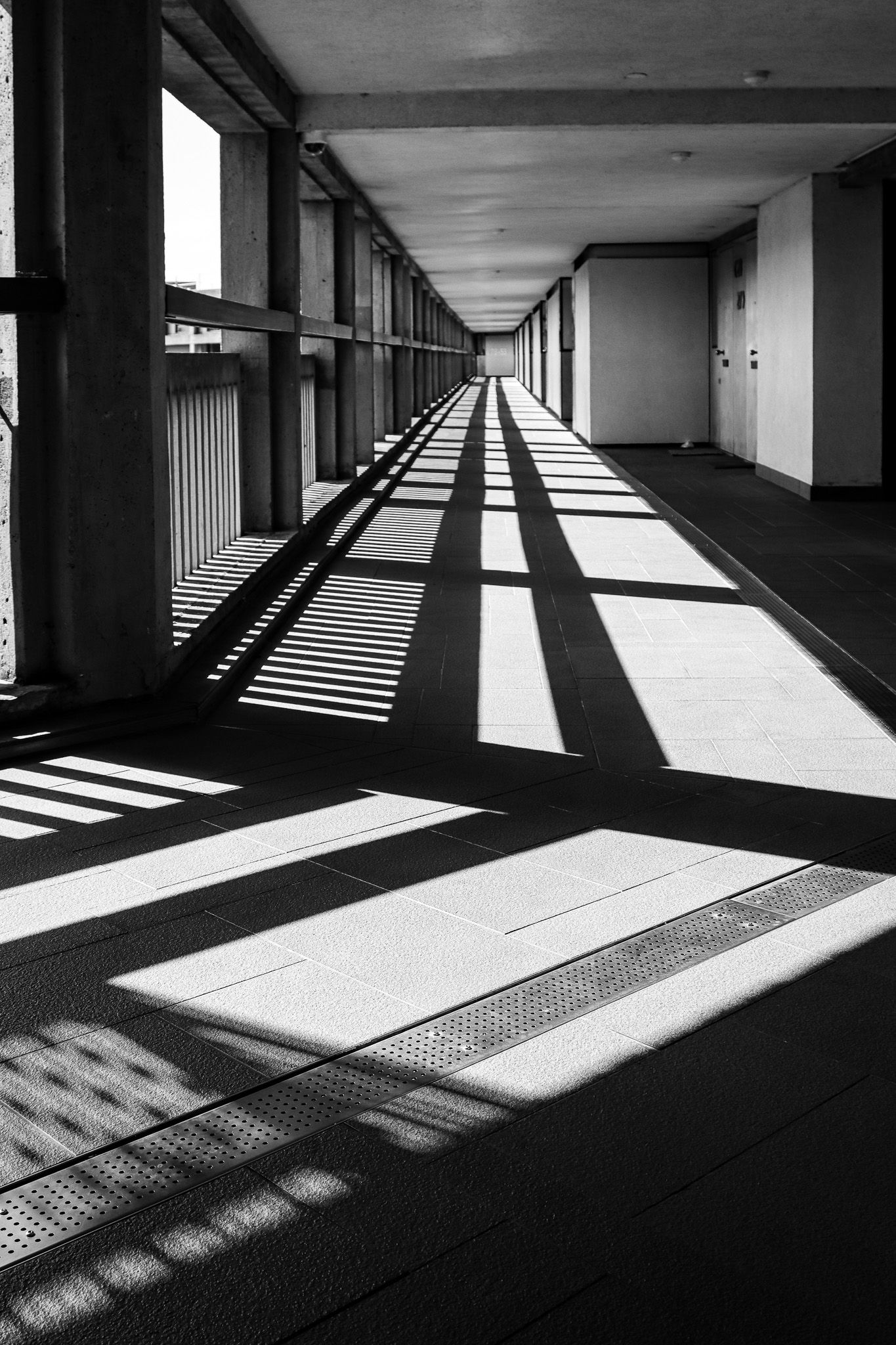 Park Hill Flats, Sheffield. Black and white image of dramatic corridor shadows creating striking geometric patterns.