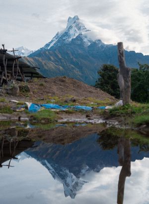 Mountain peak perfectly reflected in a small pool of water with wooden posts in the foreground.